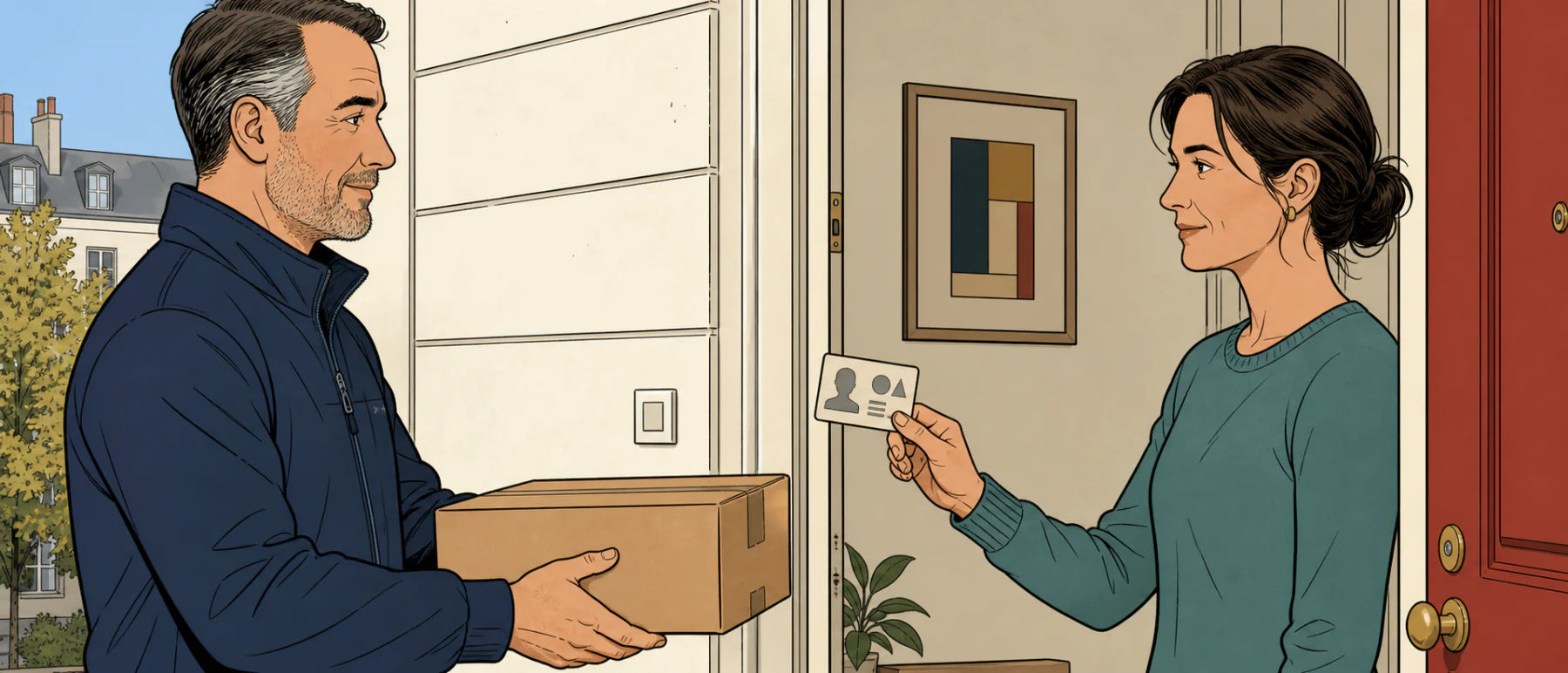 Comicillustration: Altersprüfung bei der Übergabe eines E-Zigaretten-Pakets