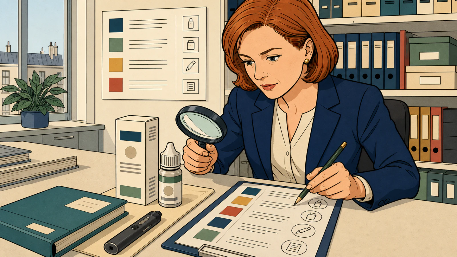 Comicillustration: Prüfung der Kennzeichnung von E-Zigaretten-Produkten
